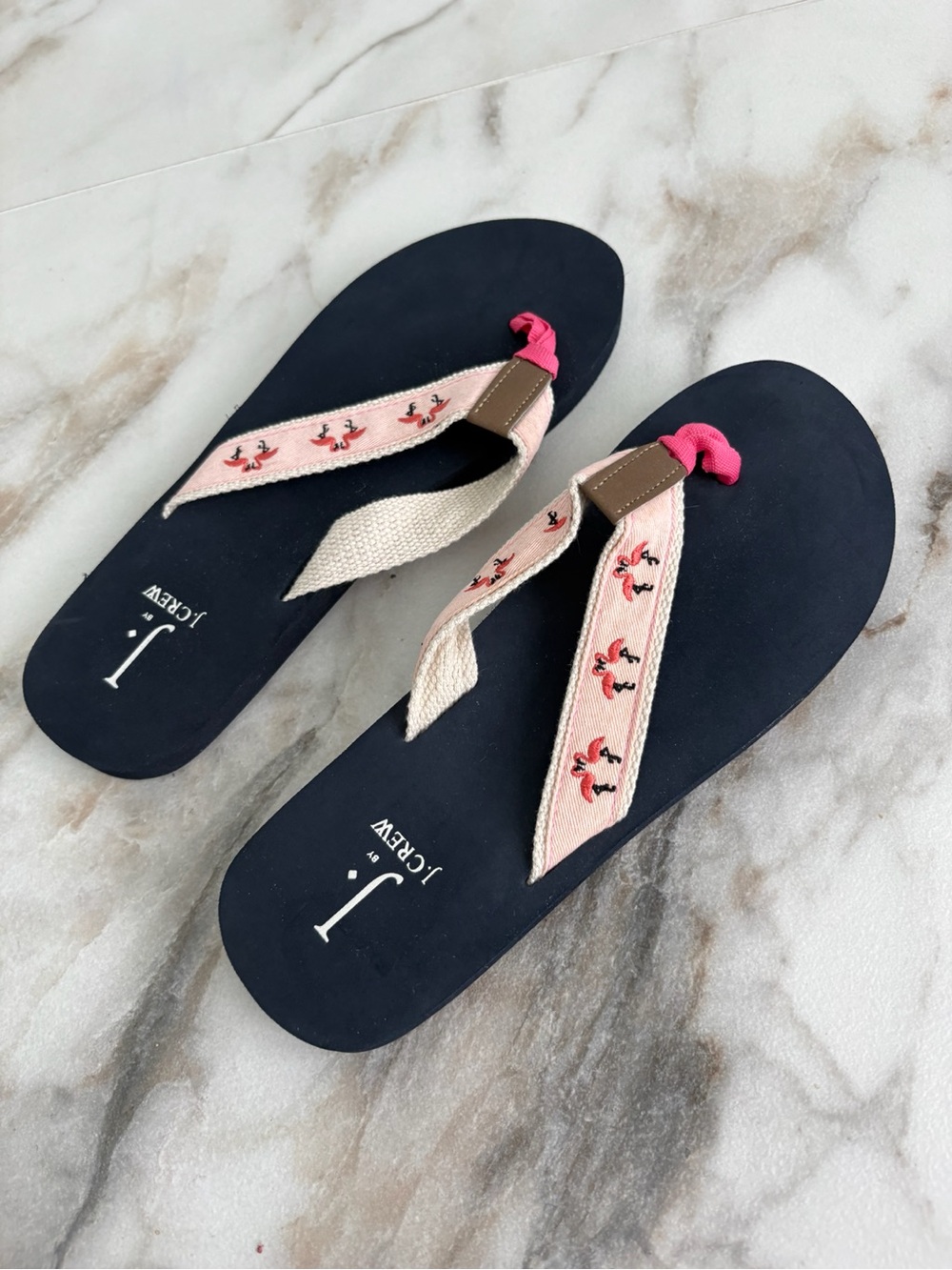 J.Crew Flamingo Flip Flops Pink Embroidered Thong Sandals Navy Women’s 8
